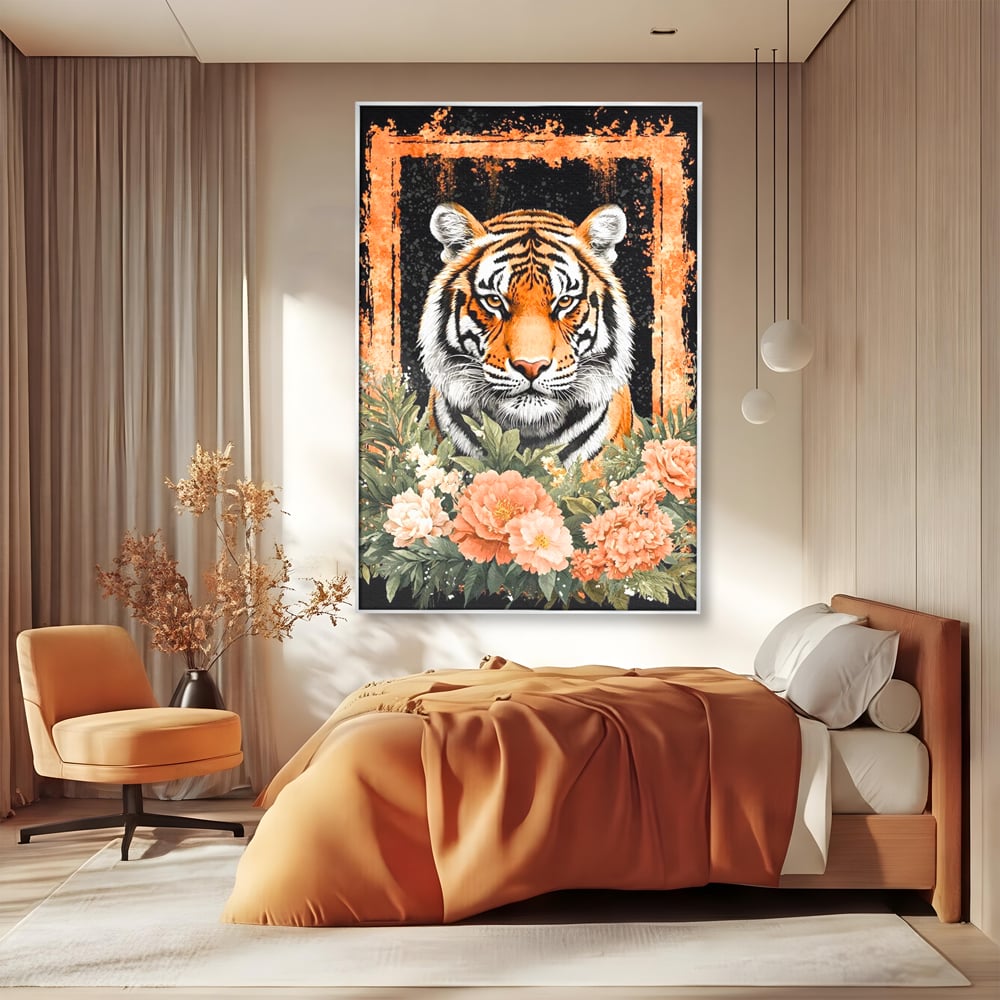 Tablou canvas cu tablou canvas cu tigru si flori, in rama de aluminiu argintiu, pe perete intr-un dormitor
